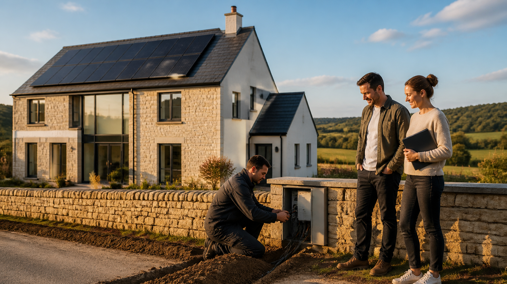 Technicien branchant un coffret électrique encastré dans un muret en limite de propriété, devant une maison neuve équipée de panneaux solaires, sous le regard d’un couple