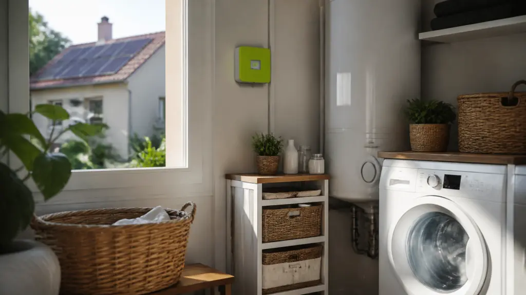 Buanderie avec un compteur Linky, un lave-linge en marche et un chauffe-eau, éclairée par le soleil de l’après-midi