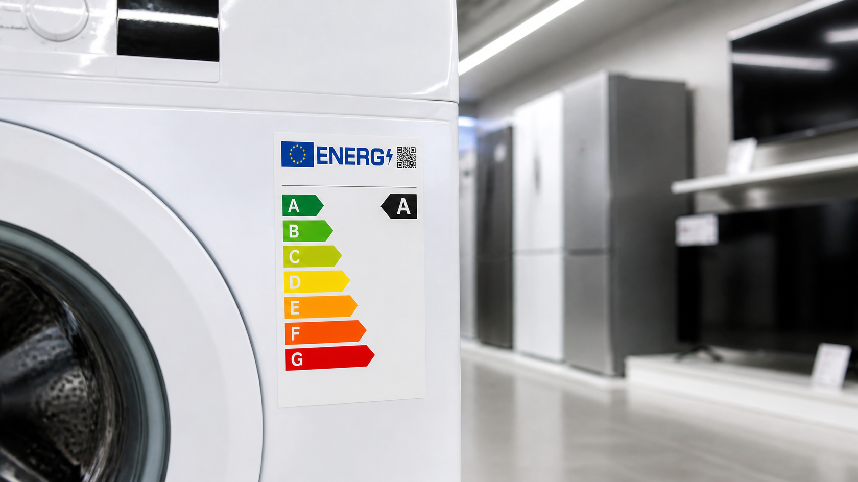 Étiquette énergie classe A avec l’échelle de A à G sur un lave-linge, dans un rayon d’électroménager
